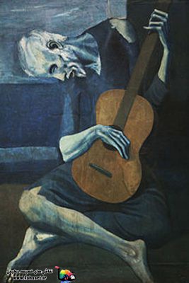 نقاشی گیتاریست تنها از پیکاسو مربوط به دوره آبی در سال 1903 میلادی | زندگینامه پابلو پیکاسو | فها آرت | نقاشی های فهیمه حکیمی | نقاشی کودکان