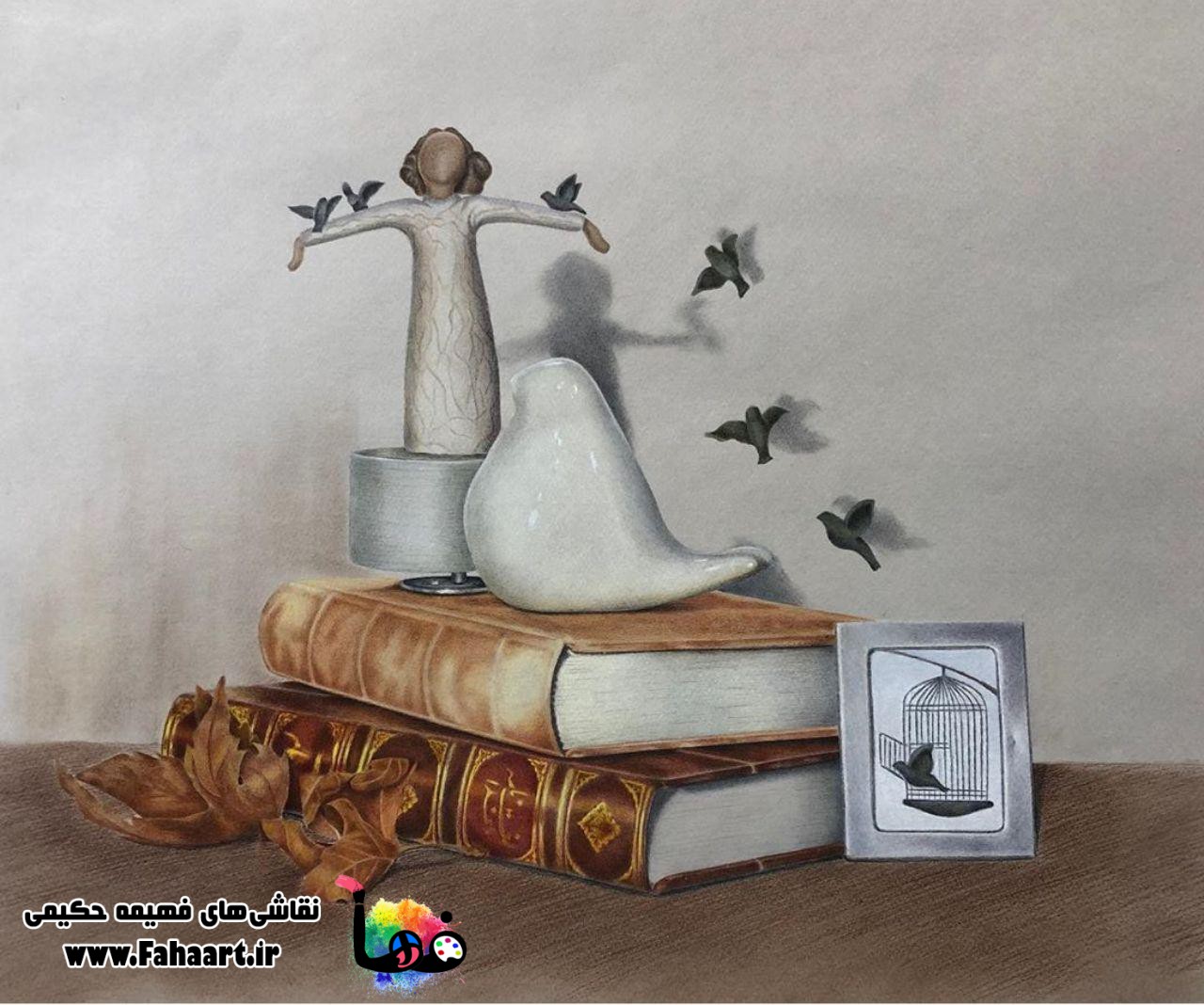 فها آرت | اثر فهیمه حکیمی | نقاشی اورجینال مدادرنگی با نام " رها "
